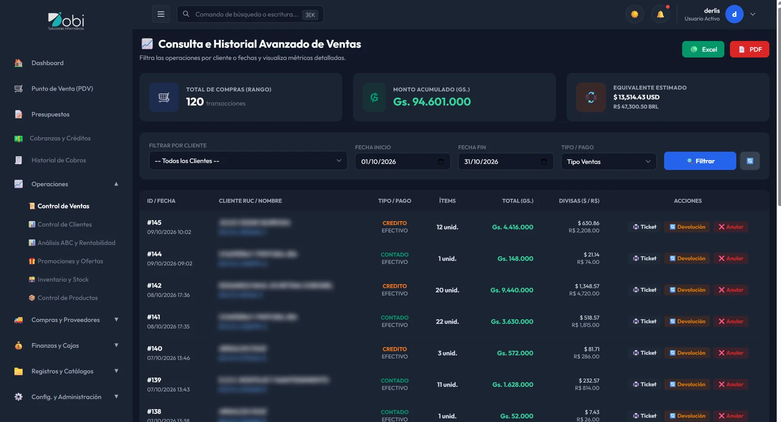 Historial de ventas de dbstock con filtros